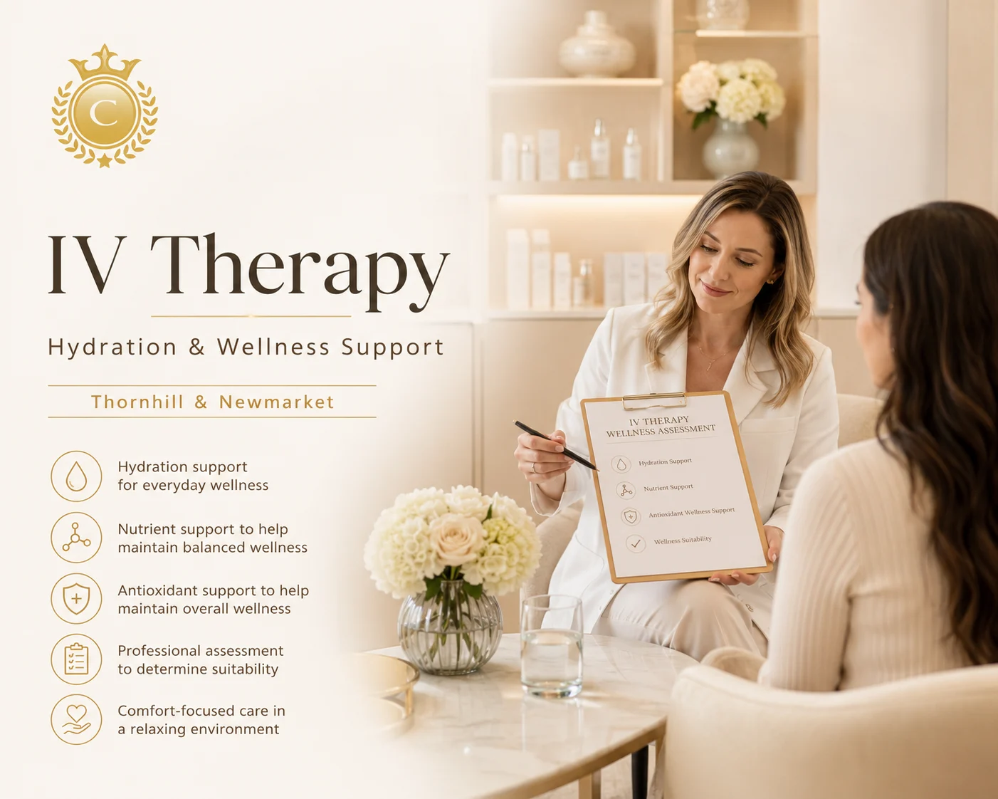 IV therapy hydration and wellness support consultation at Classy Cosmetic Clinic in Thornhill and Newmarket with professional assessment in a relaxing clinic environment