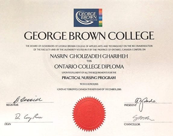 nursing certificate nasrin gholizade canada